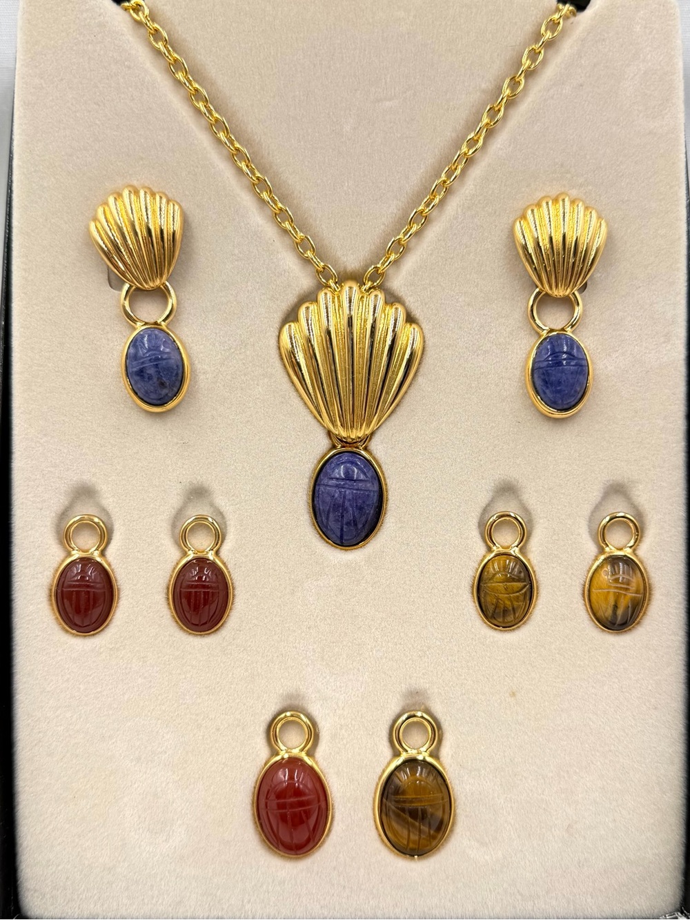 Weingeroff Pendant Necklace Earrings Set Interchangeable Scarab Stones Gold Tone